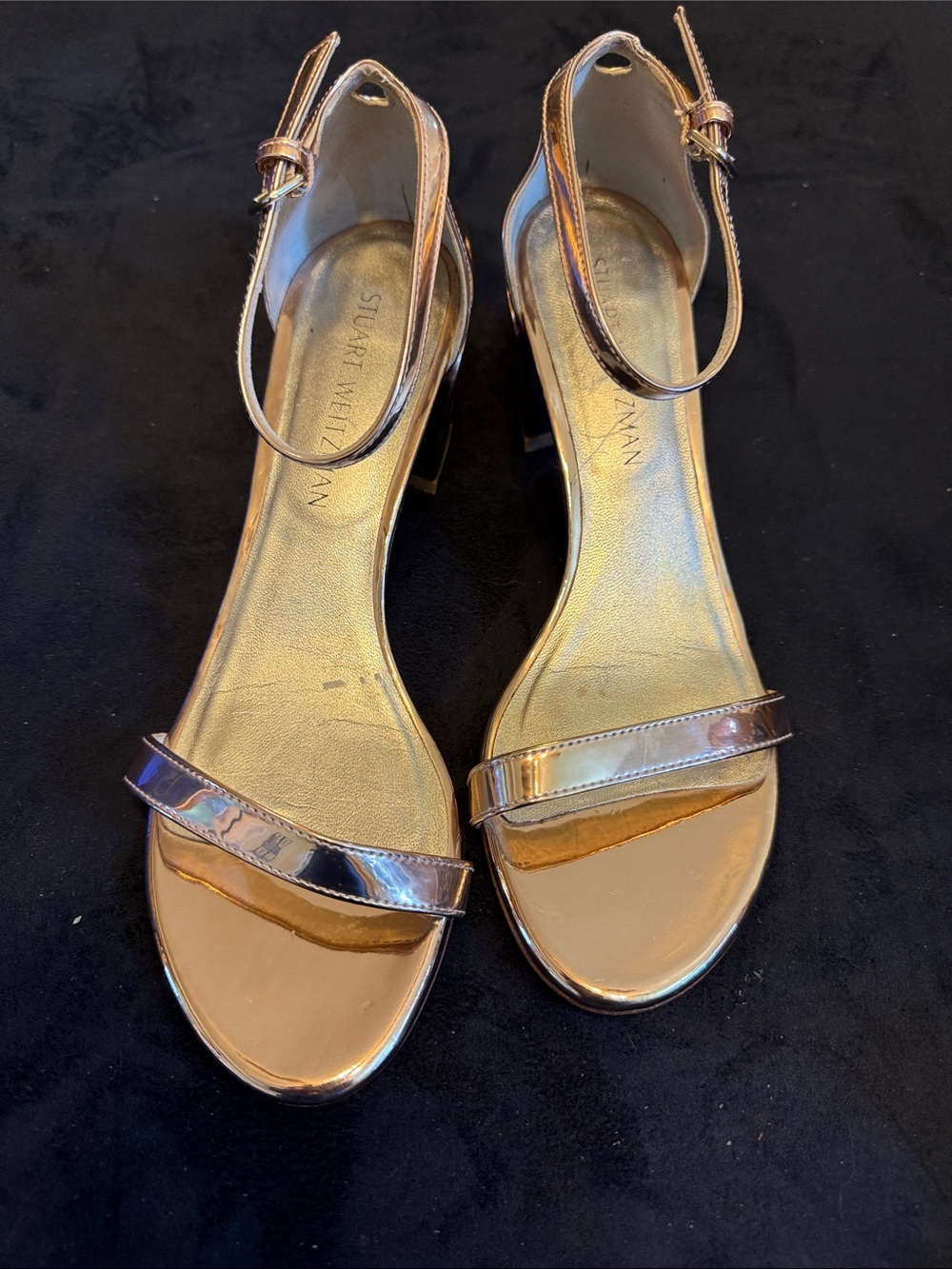 Stuart Weitzman Rose Gold Metallic Ankle-Strap Sandals
